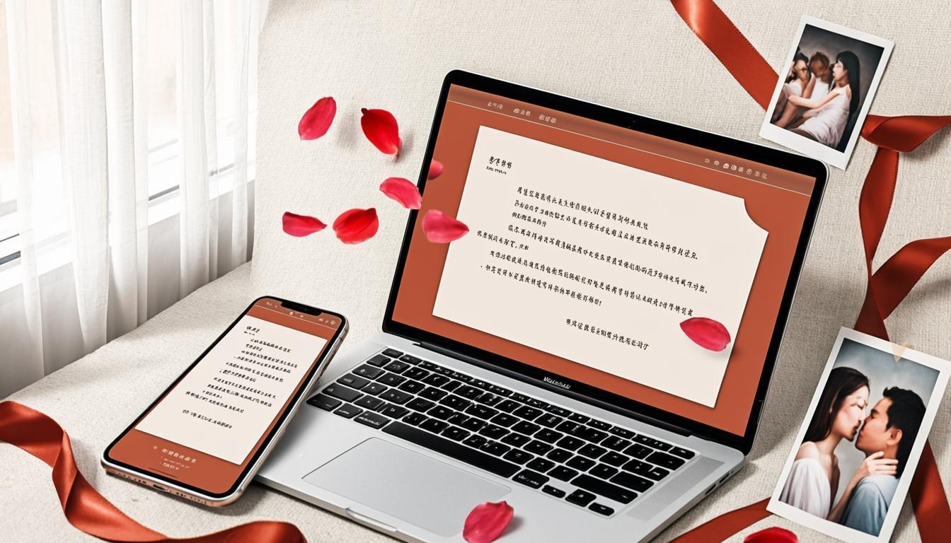 Mockup de un detalle digital: carta romántica, pétalos y polaroids