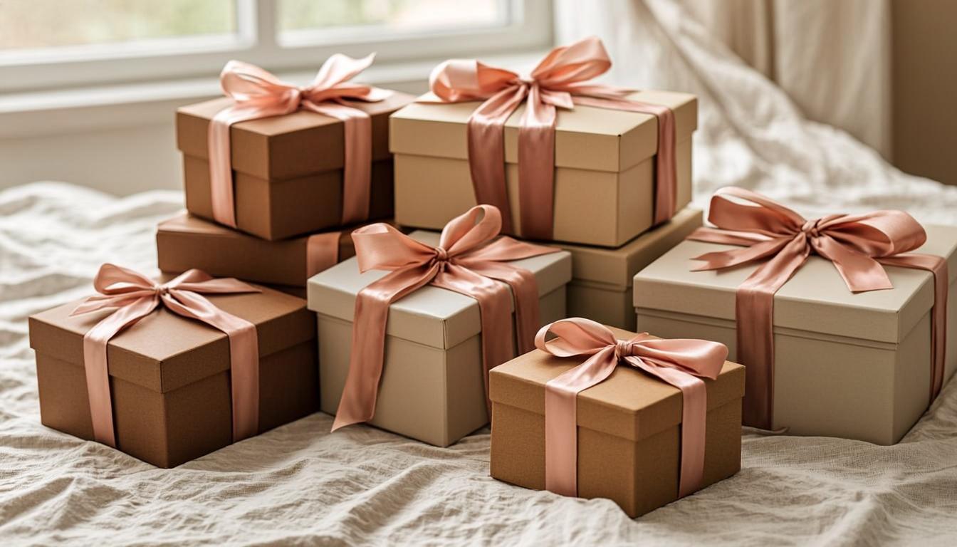 Varios regalos envueltos con lazos terracota sobre lino crema
