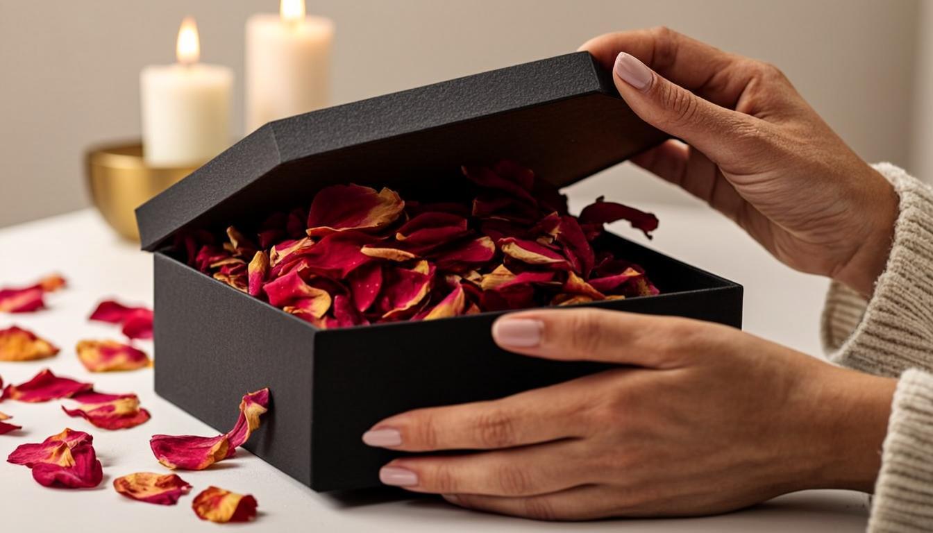Manos abriendo un regalo con pétalos de rosa cayendo