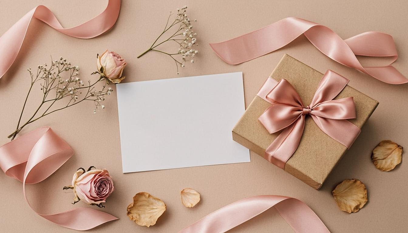 Flat lay de elementos de regalo: lazo, flores secas, tarjeta